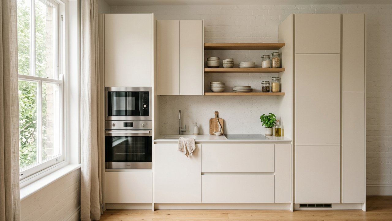 Cuisine petit espace avec four encastré et réfrigérateur intégré