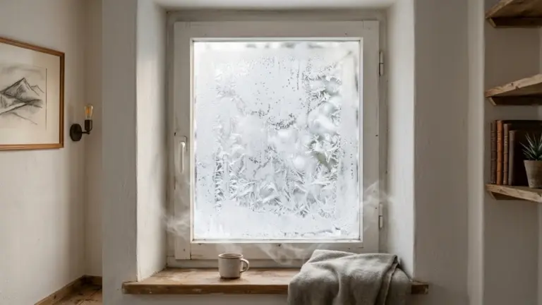 Fenêtre simple vitrage avec traces de froid et condensation
