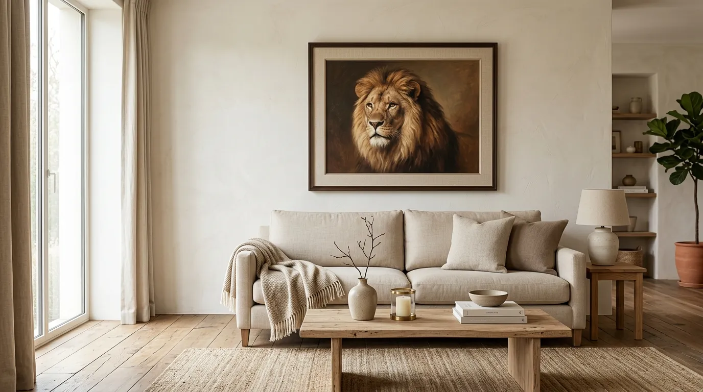 Tableau avec un lion dans un salon moderne