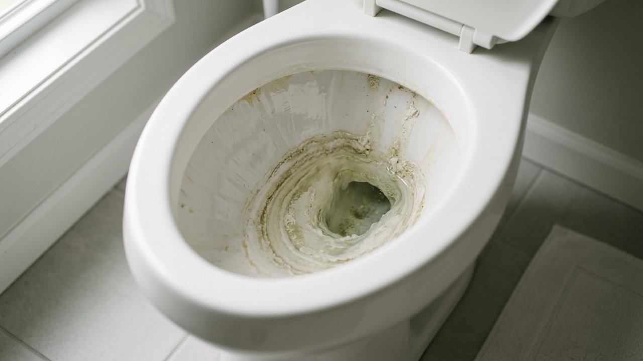 Dépôts de calcaire et tartre incrustés dans une cuvette WC