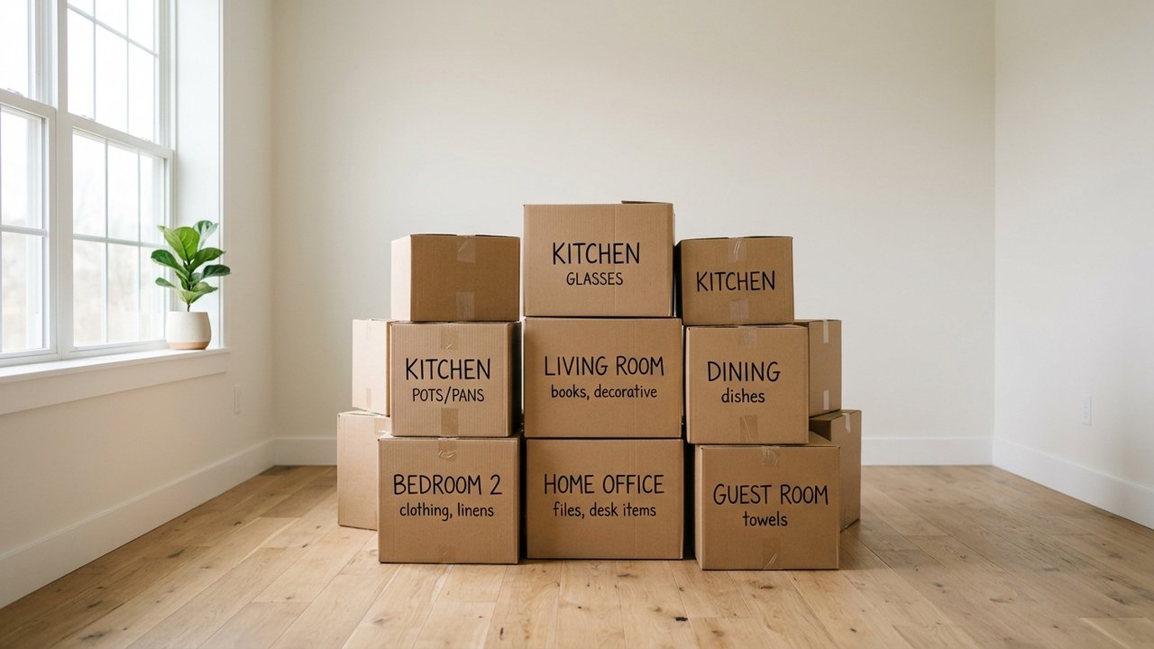 Cartons étiquetés par pièce préparés pour un déménagement organisé