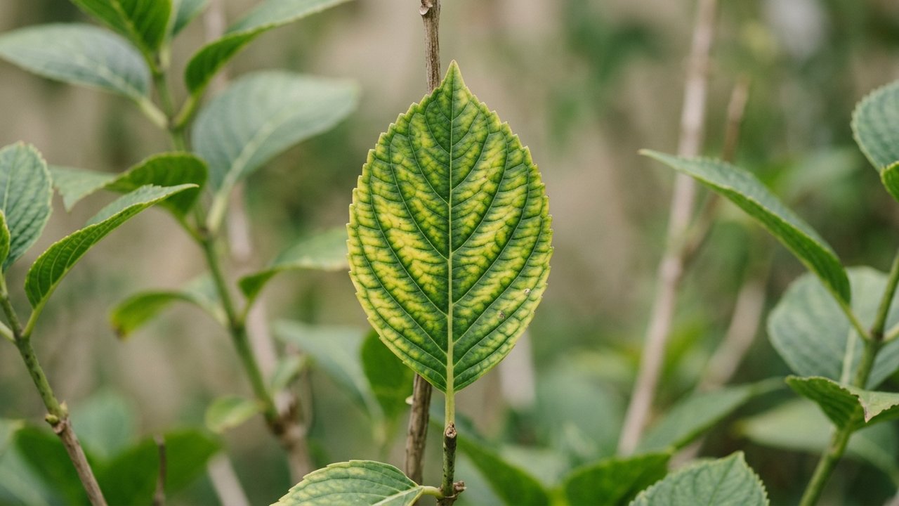 Symptôme de chlorose ferrique sur feuille d'hortensia