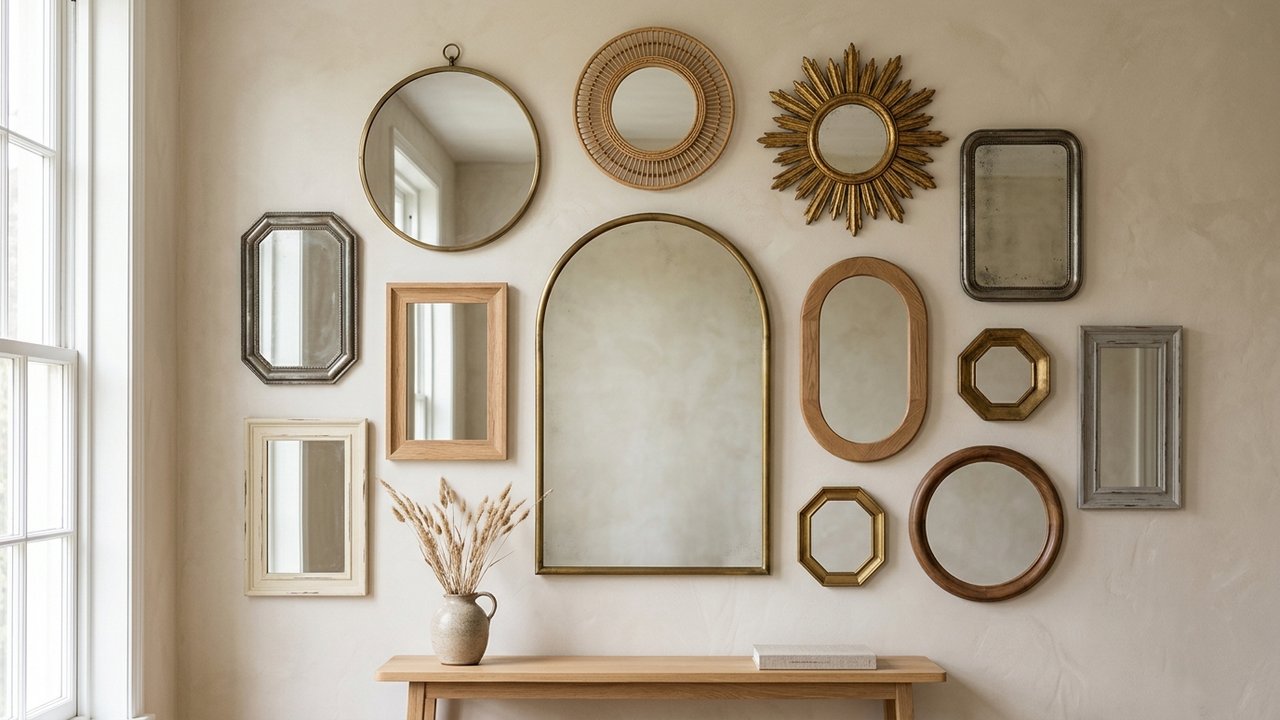 Collection de miroirs décoratifs avec cadres en rotin, métal et laiton