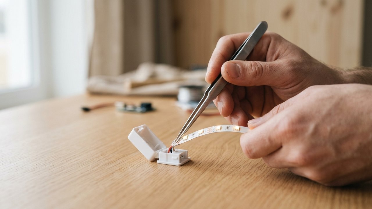 Insertion d'un ruban LED dans un connecteur à clip sans soudure