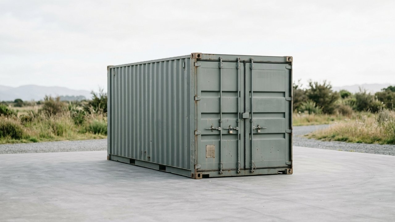 Container de stockage posé sur une surface plane et stable