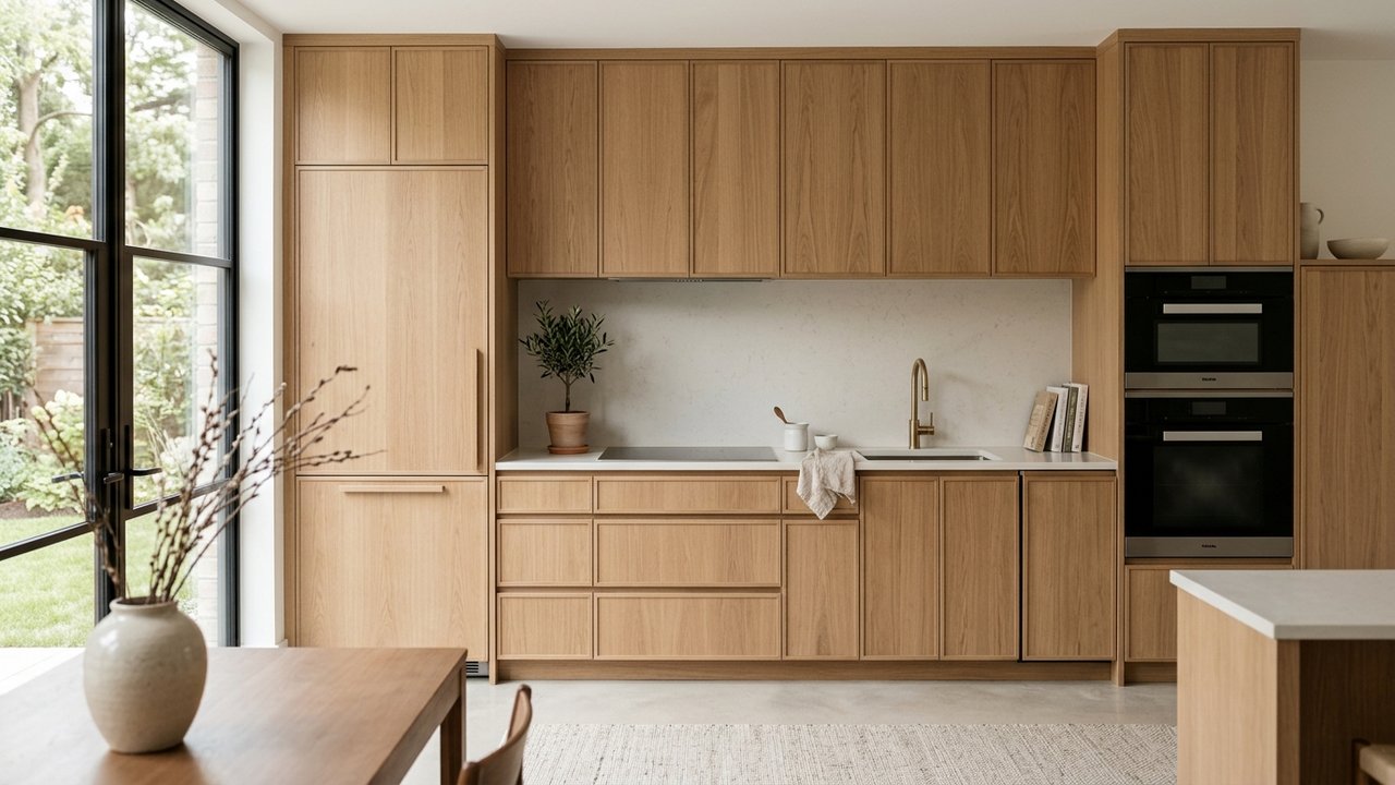 Cuisine équipée avec électroménager intégré et meubles en bois