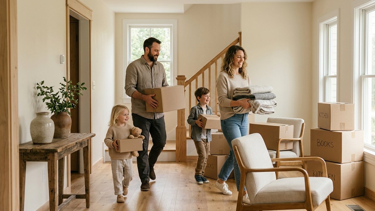 Famille organisant son déménagement lors d'une vente en cascade