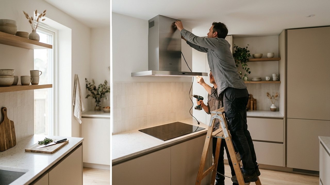 Éclairage et hotte positionnés au-dessus d'une plaque de cuisson d'angle