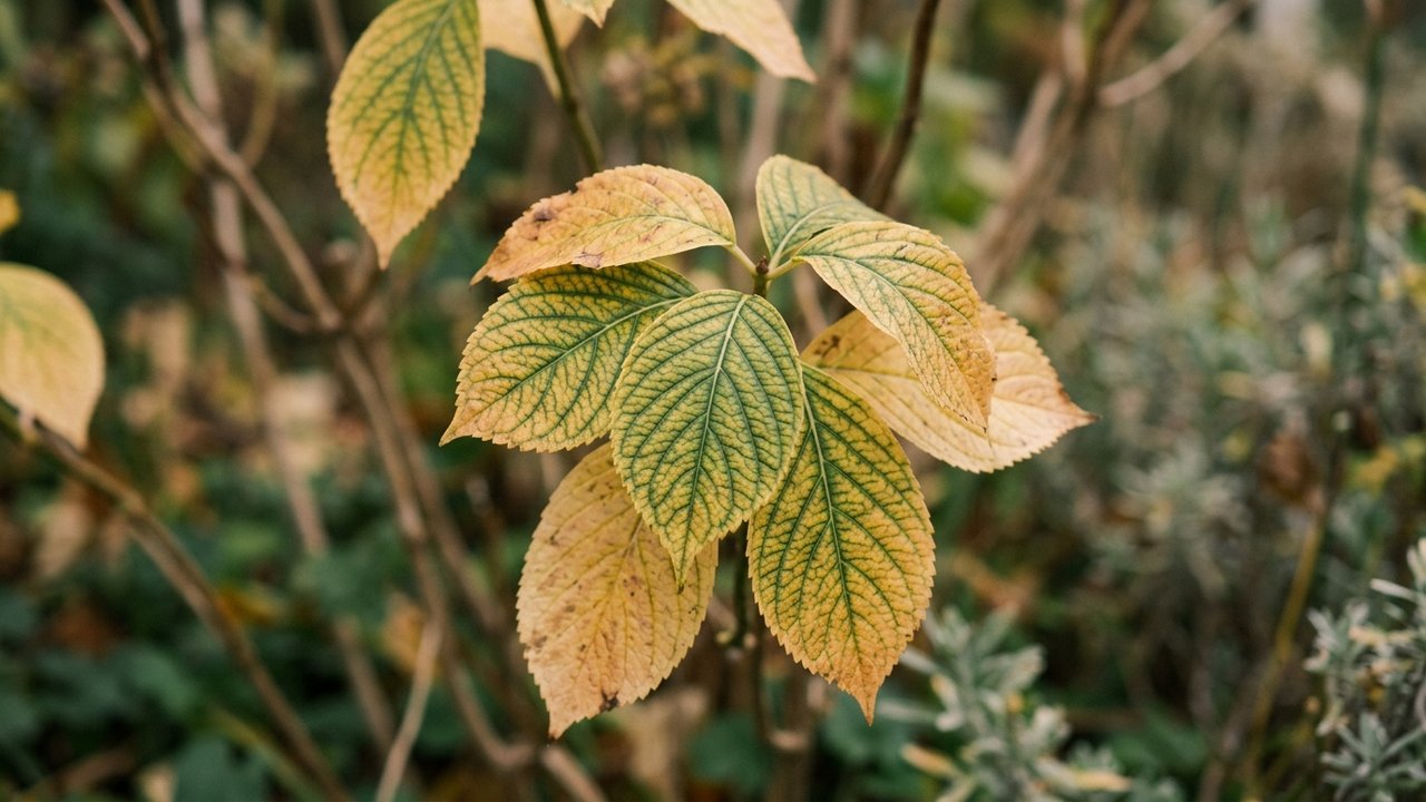 Feuilles jaunes d'hortensia avec nervures vertes
