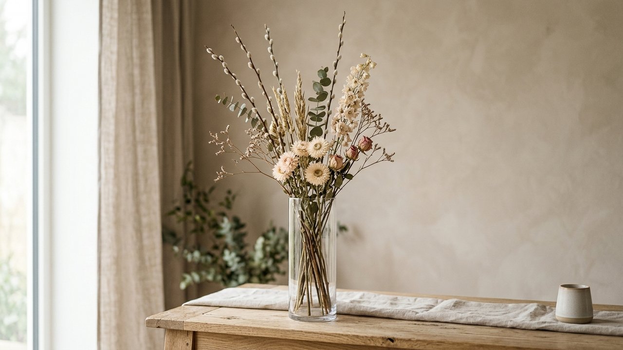 Grand vase en verre transparent garni de branchages et fleurs séchées