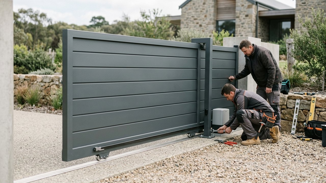 Installation d'un portail aluminium motorisé avec rails intégrés