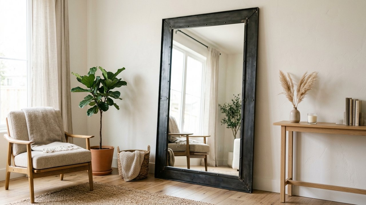 Grand miroir style industriel en métal noir dans un salon lumineux