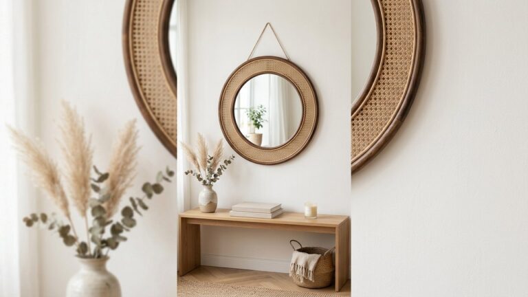 Miroir rond en rotin naturel suspendu sur mur blanc