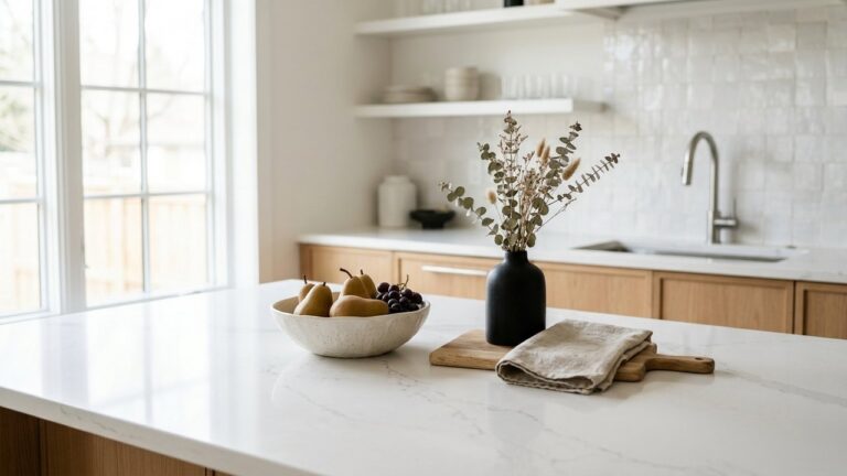 Plan de travail blanc en quartz dans une cuisine moderne
