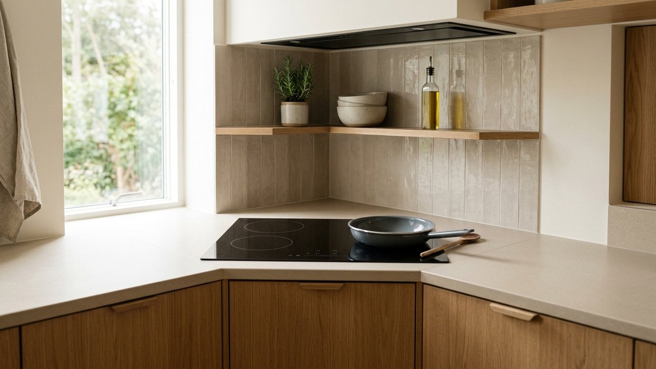 Plaque de cuisson d'angle intégrée dans un coin de cuisine moderne