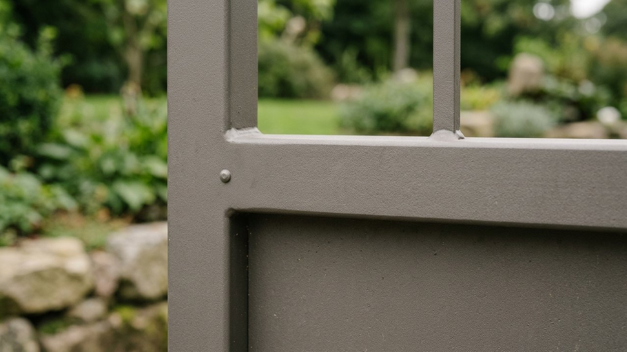 Détail d'un portail acier thermolaqué montrant le traitement de surface