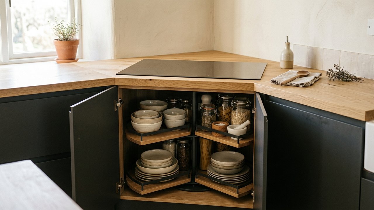 Système de rangement rotatif sous une plaque de cuisson en angle