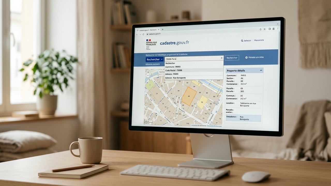 Interface du site cadastre.gouv.fr pour trouver la référence cadastrale d'une parcelle