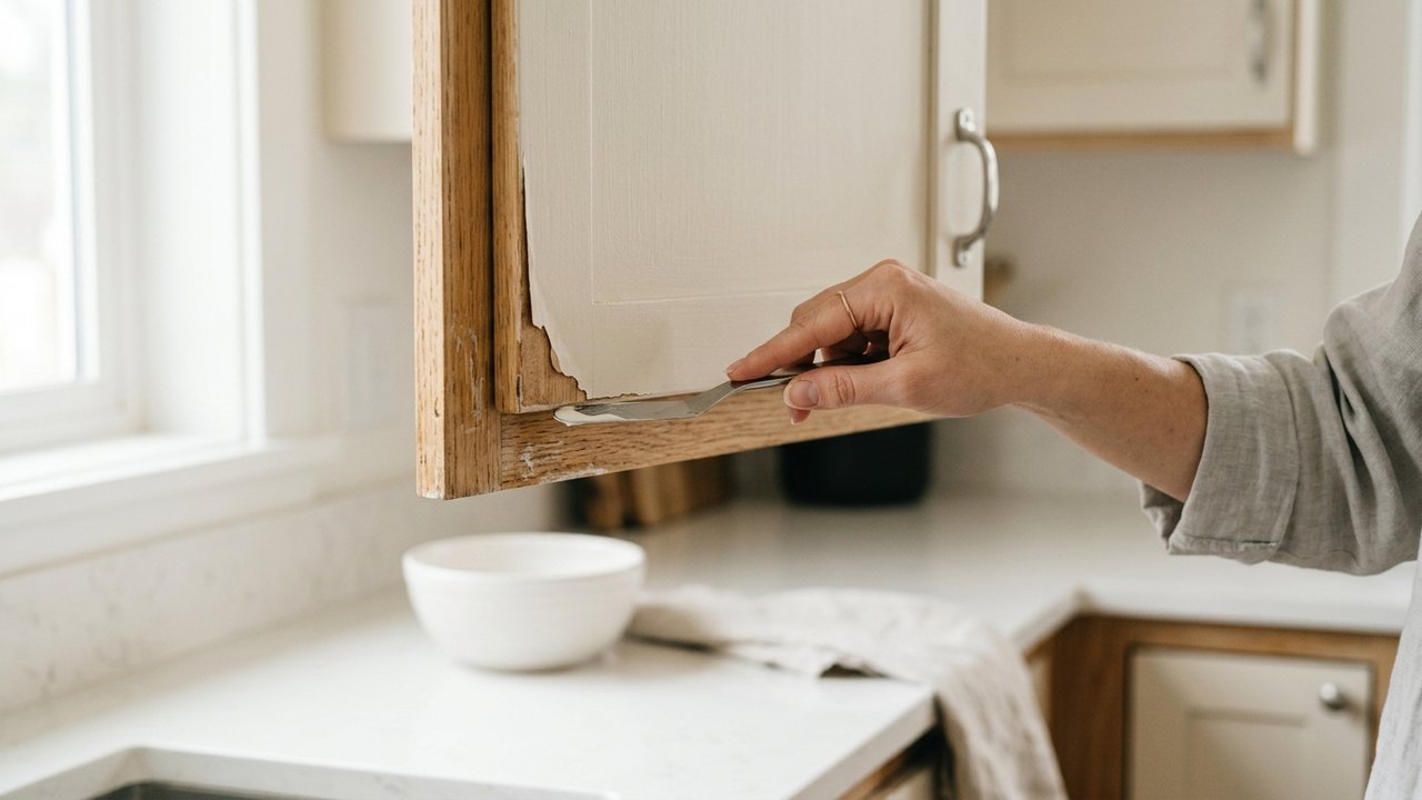 Réparation d'un placage décollé sur une porte d'armoire de cuisine