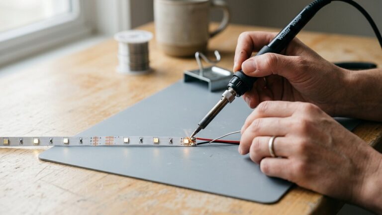 Réparation d'un ruban LED coupé par soudure des pastilles cuivrées