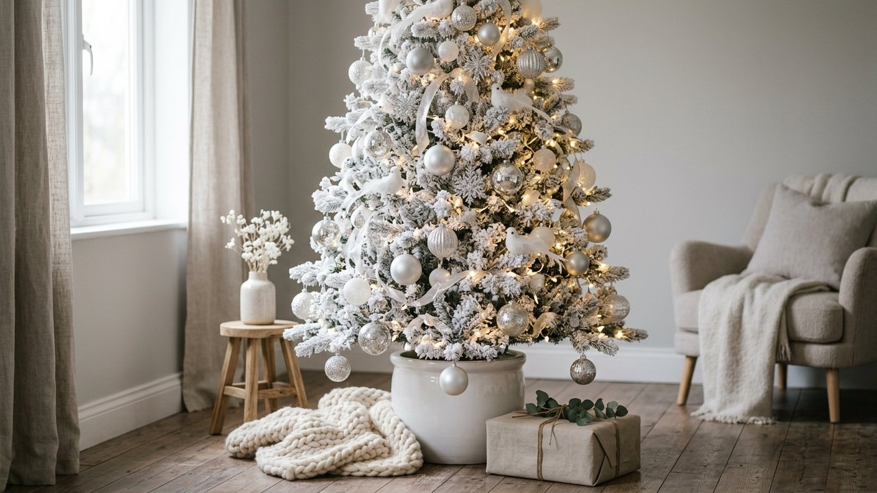 Sapin blanc floqué orné de boules argentées et de guirlandes lumineuses