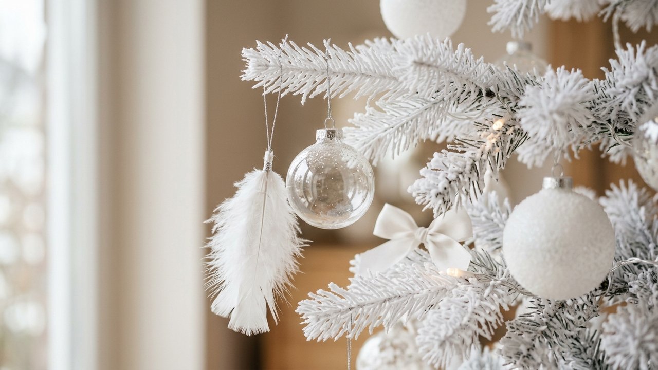 Détail des branches d'un sapin blanc avec boules en verre et plumes