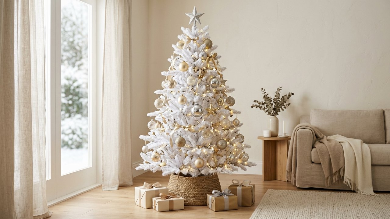 Sapin blanc décoré avec des boules dorées et argentées