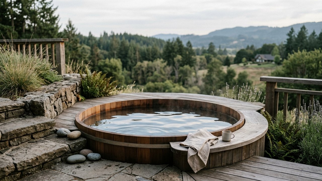 Spa extérieur rempli d'eau installé sur une terrasse résidentielle