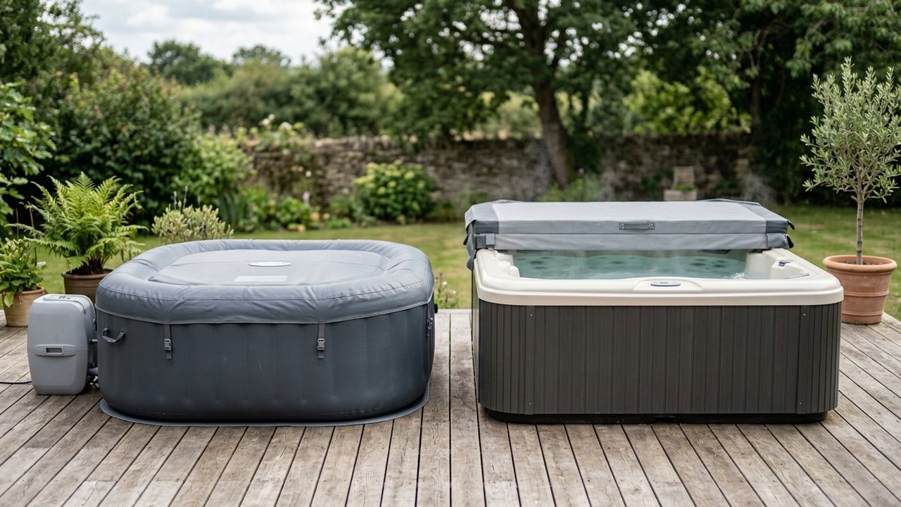 Comparaison visuelle entre un spa gonflable et un spa rigide sur terrasse