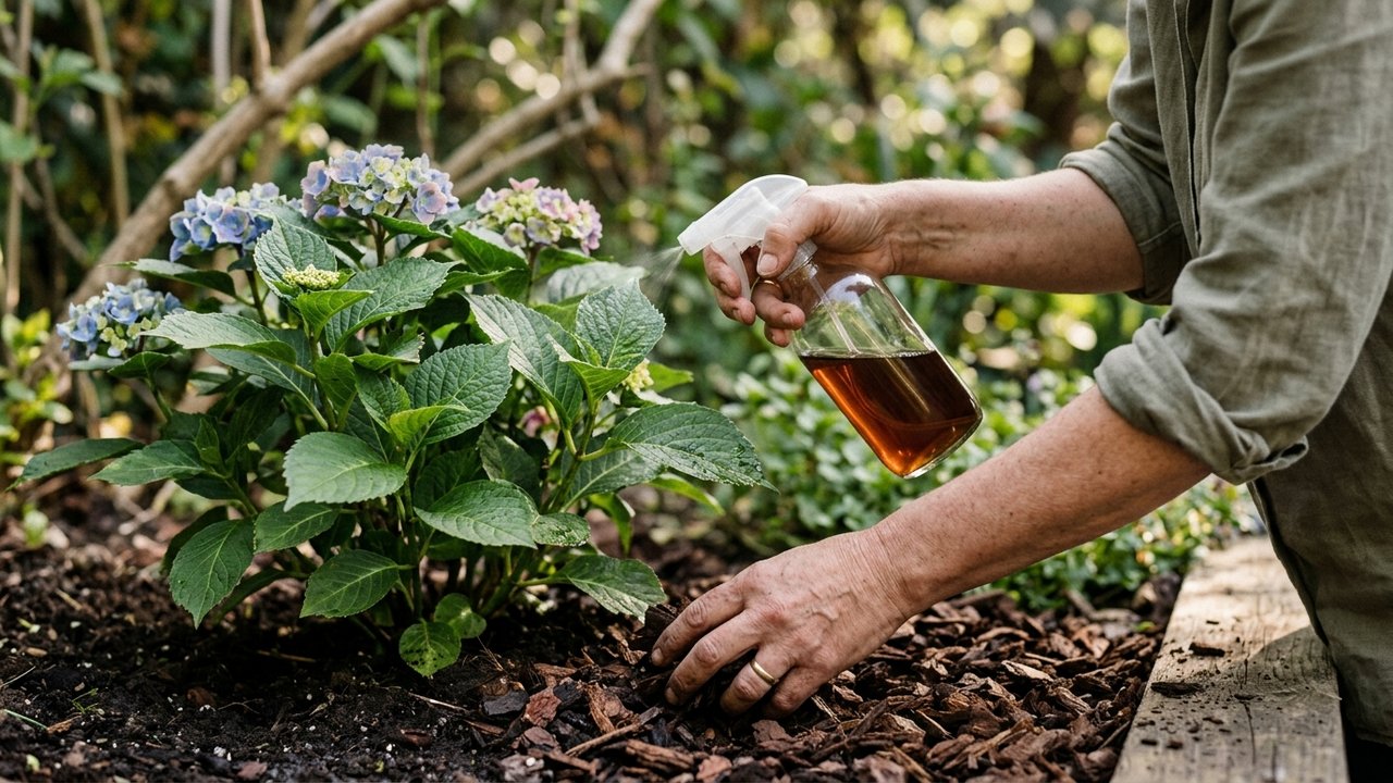 Application de chélate de fer et paillis acide sur hortensia