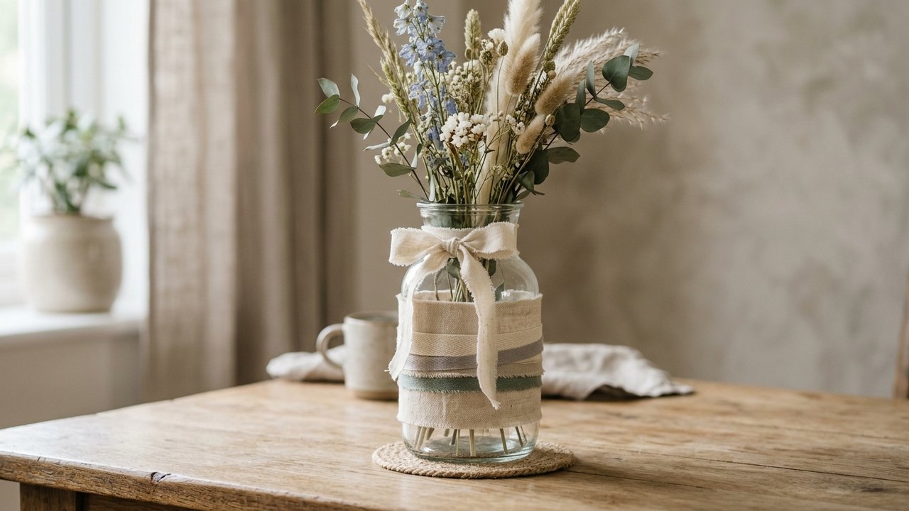 Vase en verre orné de rubans et lanières de tissu colorés