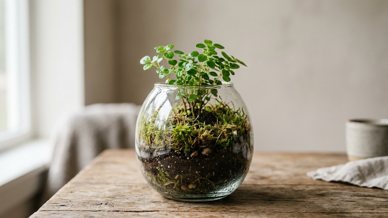 Vase transparent avec plante en pot dissimulée par de la mousse
