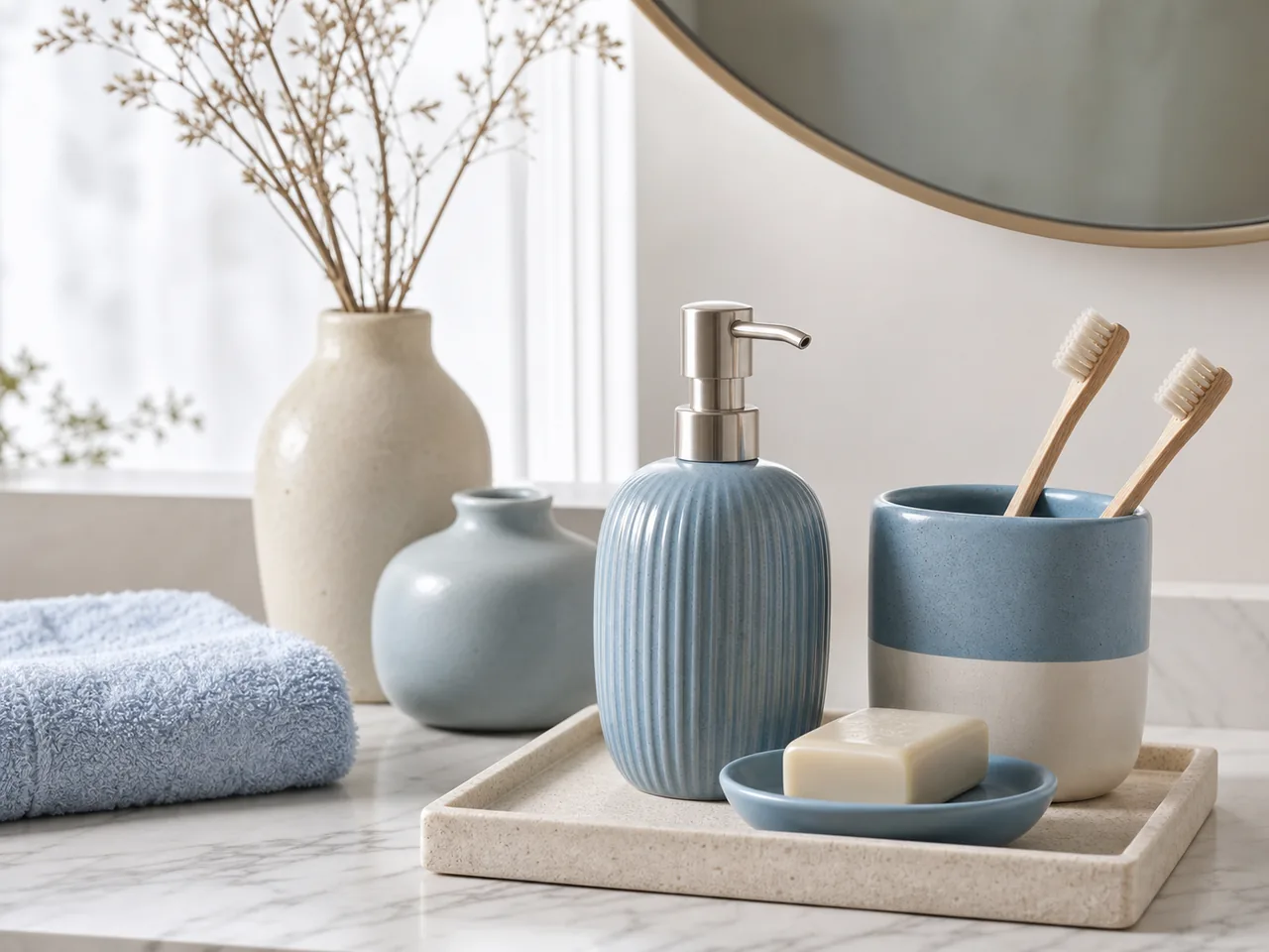 Accessoires bleu ciel et beige sur un meuble de salle de bain