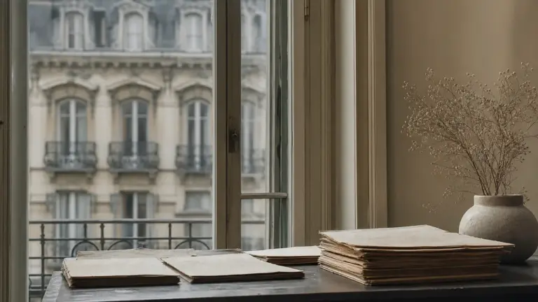Façade d'immeuble ancien avec documents d'archives sur un bureau