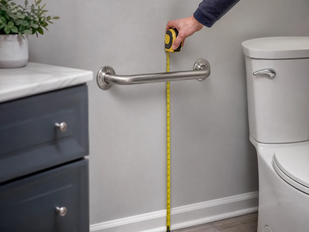 Barre d'appui près de toilettes avec mètre de mesure discret