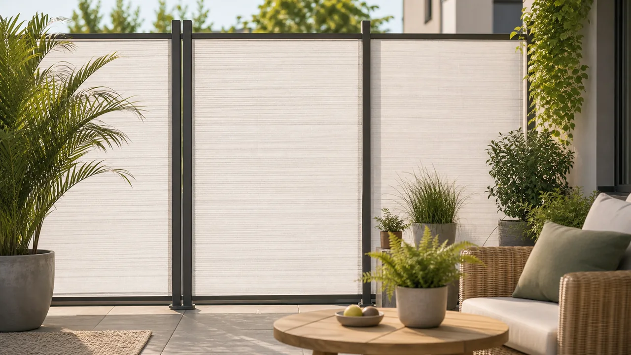 Terrasse lumineuse avec brise-vue ajouré et plantes