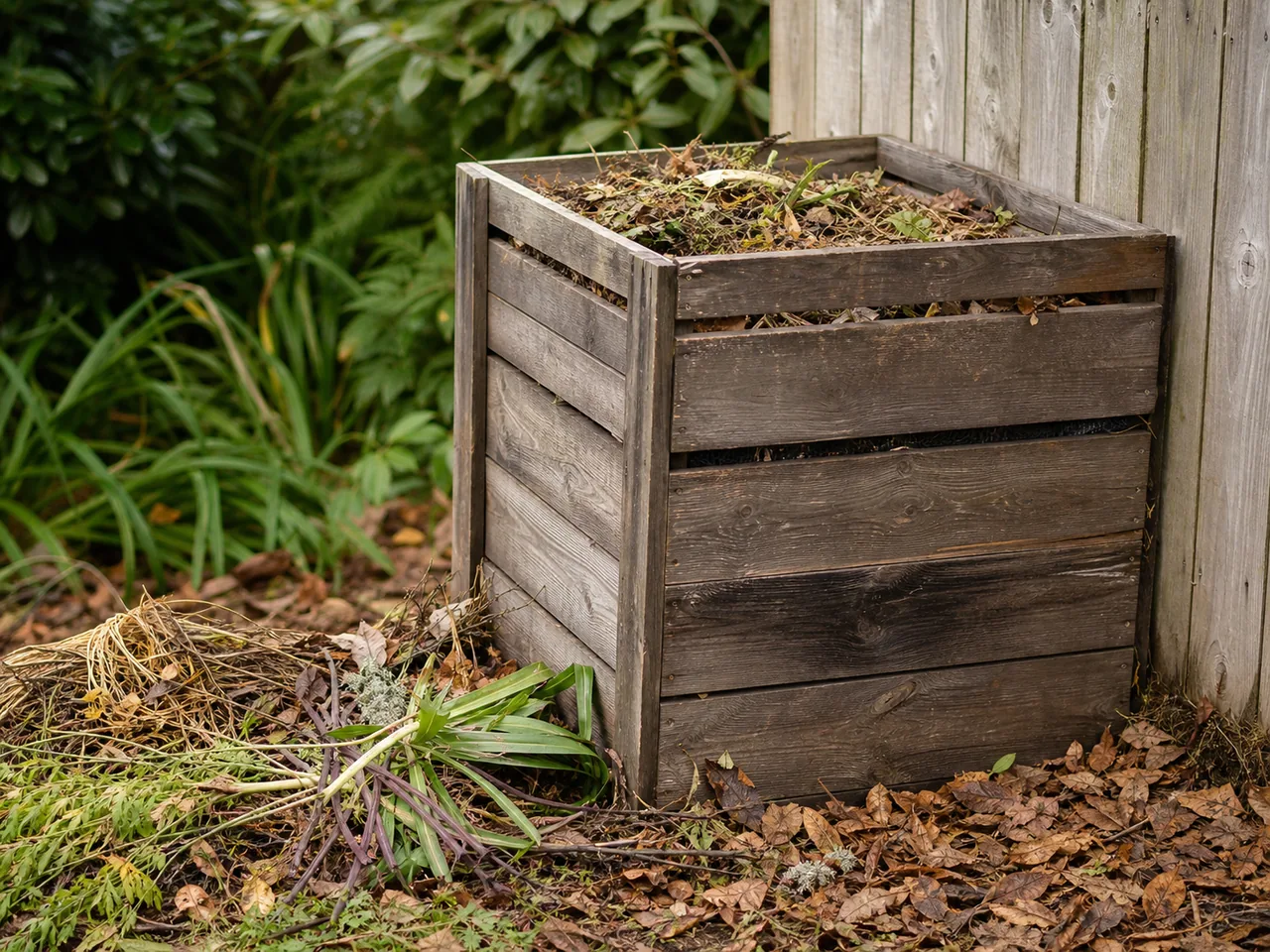 Composteur en bois avec feuilles sèches et matières végétales