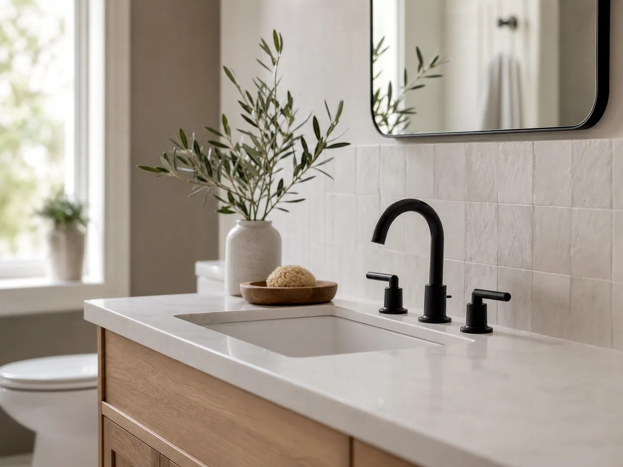 Détail lumineux noir et bois dans une petite salle de bain