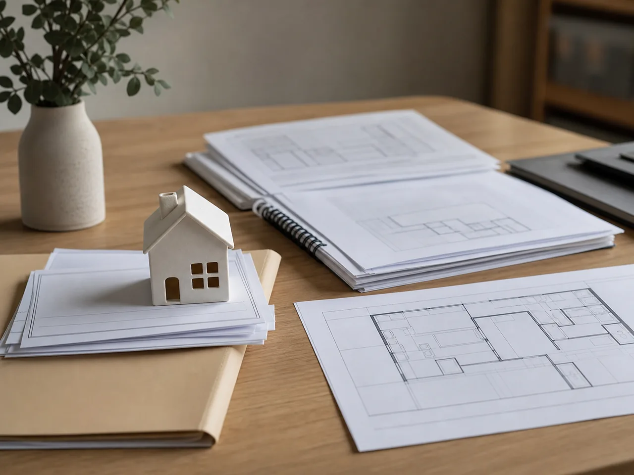 Documents immobiliers et plans anciens posés sur un bureau clair