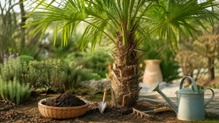Palmier extérieur sain avec outils de fertilisation au jardin