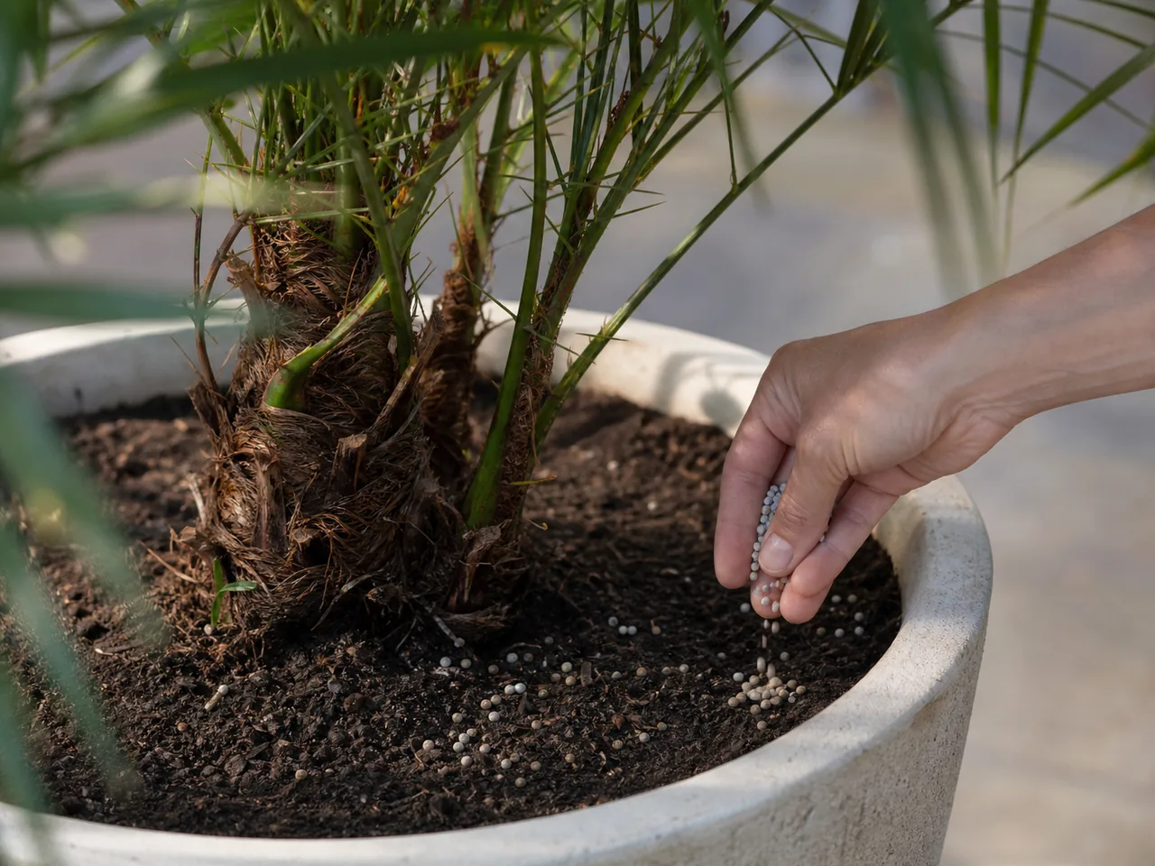 Engrais granulé déposé au pied d'un palmier en pot