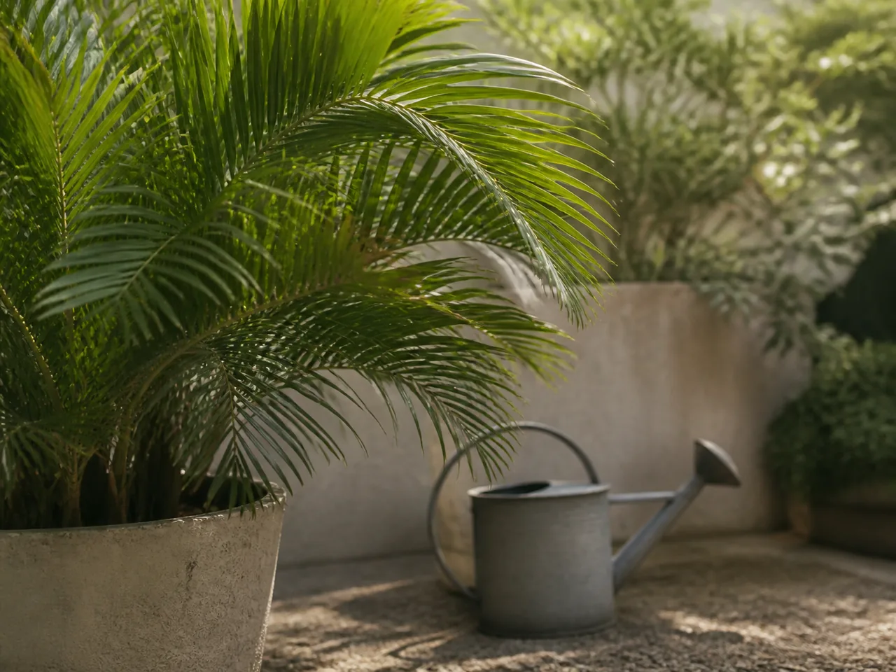 Palmes de palmier observées dans un jardin avec arrosoir