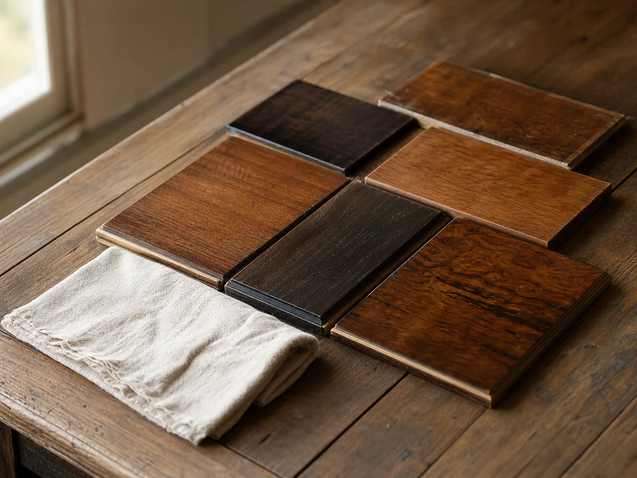 Échantillons de bois ancien ciré et verni avec chiffon doux