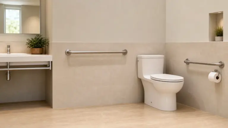 Toilettes accessibles avec barres d'appui dans une salle de bain claire