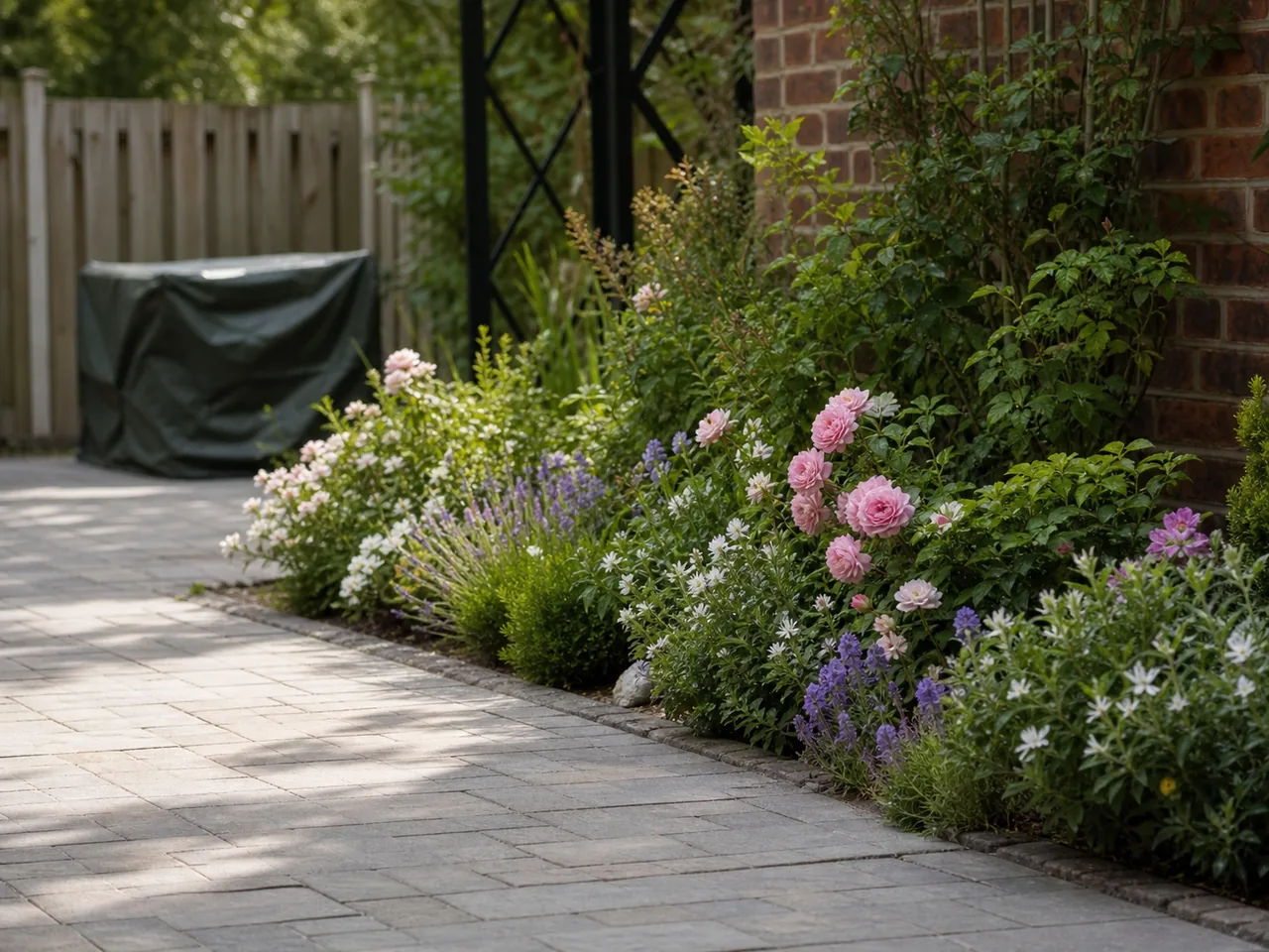 Allée de jardin propre avec poubelle couverte en arrière-plan
