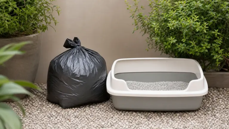 Bac à litière propre et sac fermé dans un coin de jardin