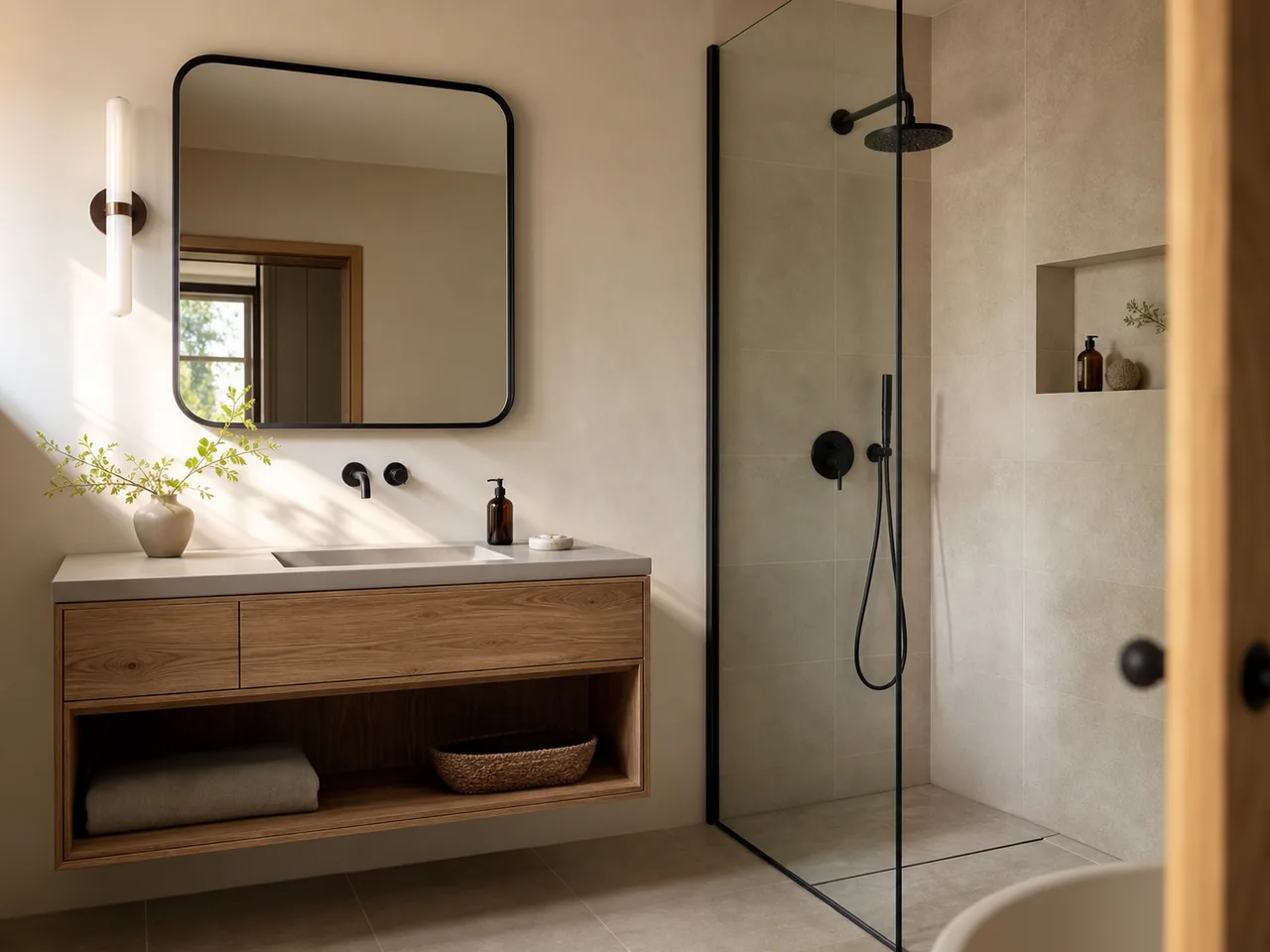 Meuble suspendu bois et miroir noir dans une petite salle de bain