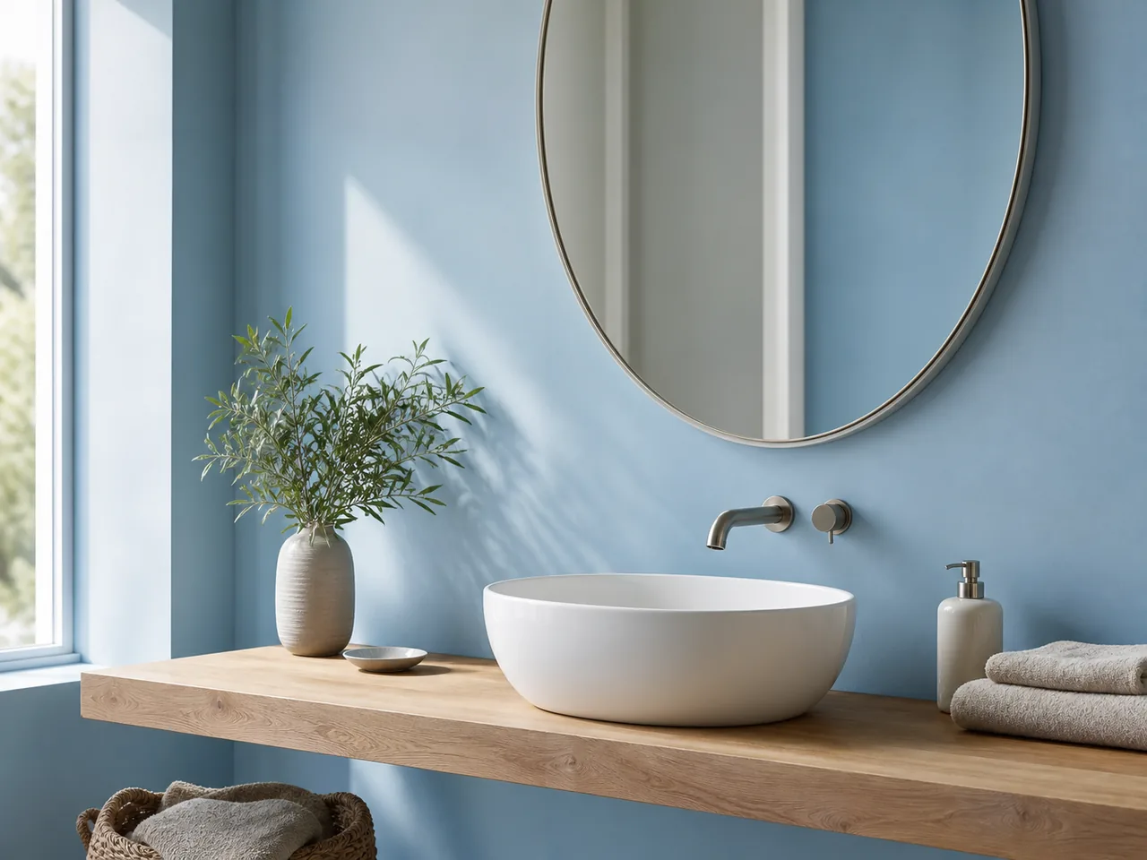 Mur bleu ciel lumineux avec vasque blanche et étagère bois