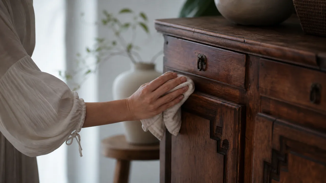 Meuble ancien en bois nettoyé délicatement dans un intérieur lumineux