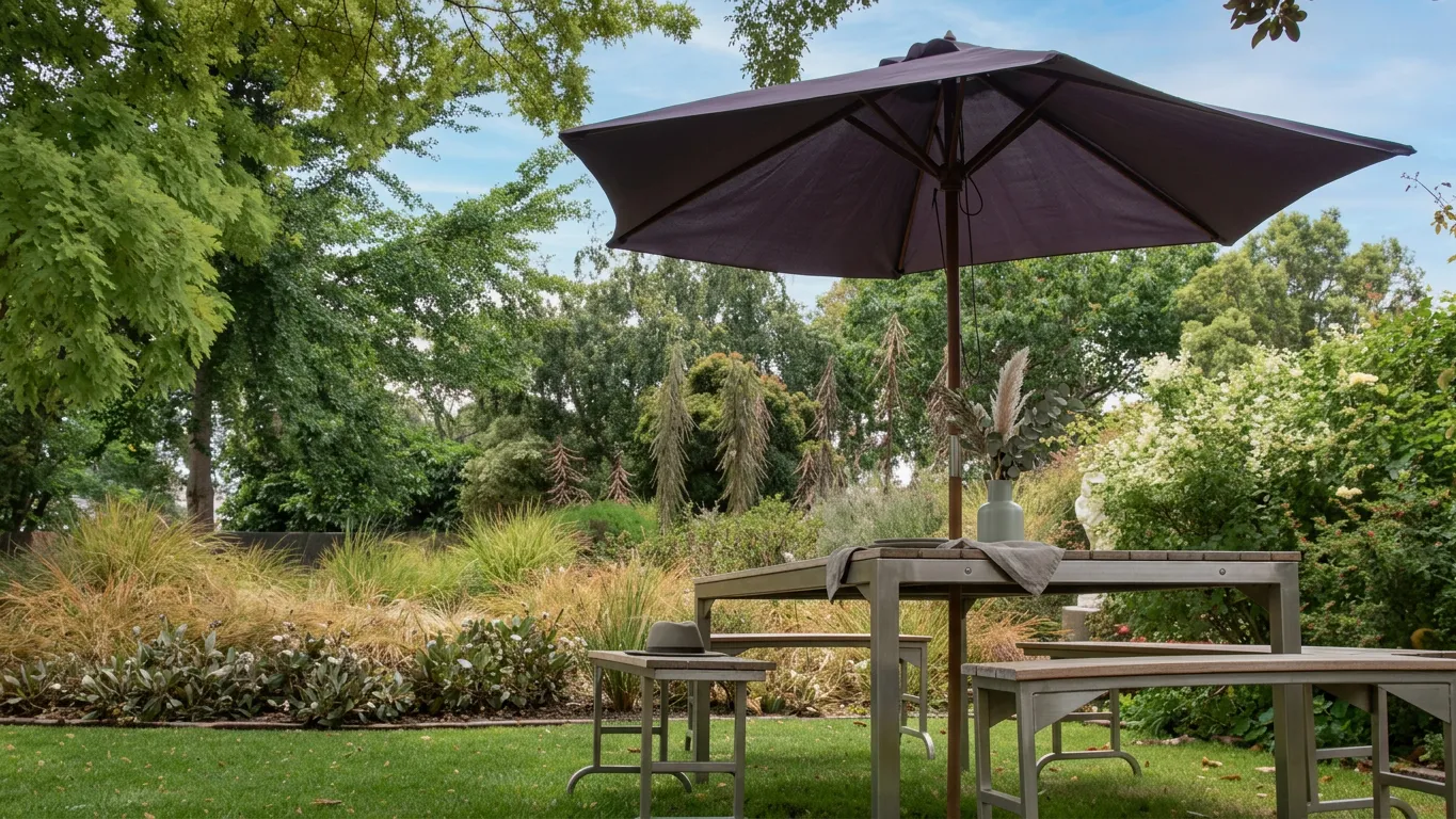 Parasol à l'extérieur au dessus d'une table de jardin